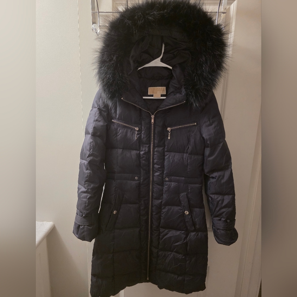 Michael Kors Dark Puffer Jacket with Fur Hood